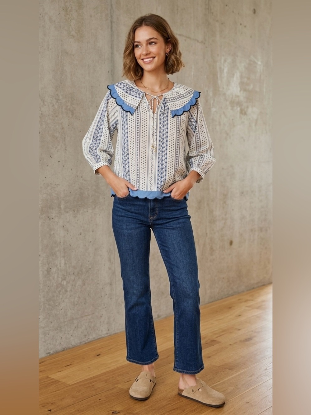 Entro Ecru Floral Striped Oversized Statement Collar Scallop Hem Blouse S